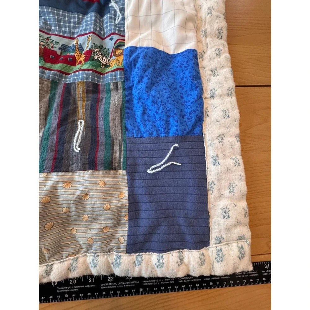 Vintage Noahs Ark Patchwork Baby Quilt Blue Nursery OS‎ Cottagecore Minimalist